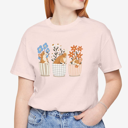 corgi t shirt for women. Color soft pink