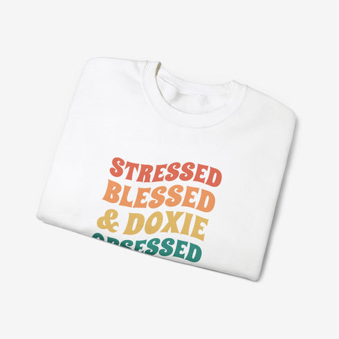 Dachshund Sweatshirt for Women - Stressed Blessed & Doxie Obsessed - Dachshund Crew Sweatshirt