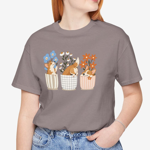 corgi t shirt for women. Color pebble brown