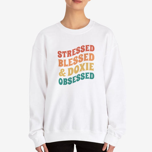 Dachshund Sweatshirt for Women - Stressed Blessed & Doxie Obsessed - Dachshund Crew Sweatshirt