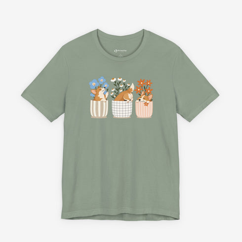 corgi t shirt for women. Color sage green