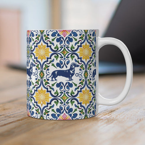 Colorful Floral Dachshund Mug - 11oz Ceramic Coffee Cup