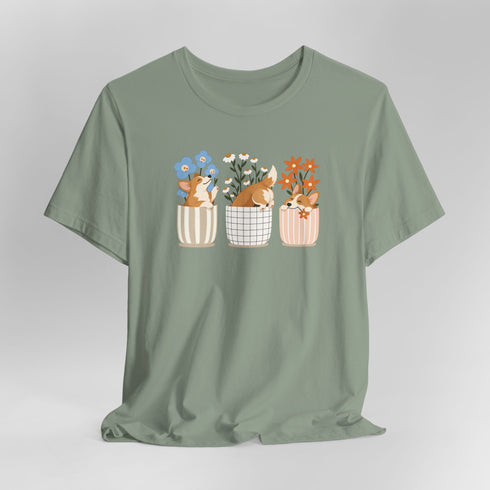 corgi t shirt for women. Color sage green