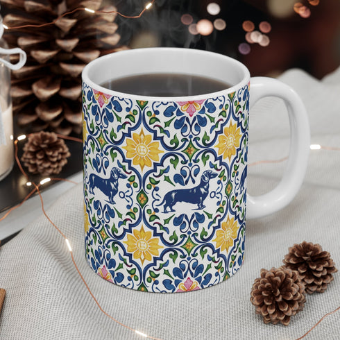 Colorful Floral Dachshund Mug - 11oz Ceramic Coffee Cup