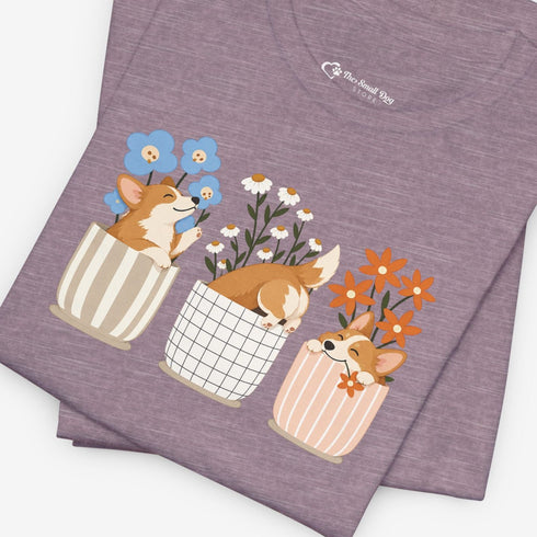 corgi t shirt for women. Color heather purple