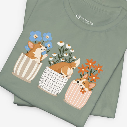 corgi t shirt for women. Color sage green