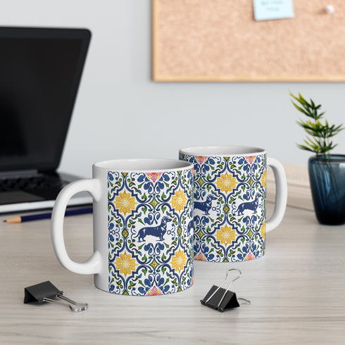 Colorful Floral Dachshund Mug - 11oz Ceramic Coffee Cup