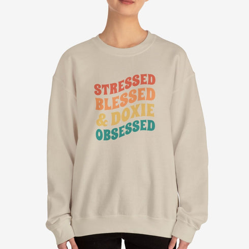 Dachshund Sweatshirt for Women - Stressed Blessed & Doxie Obsessed - Dachshund Crew Sweatshirt