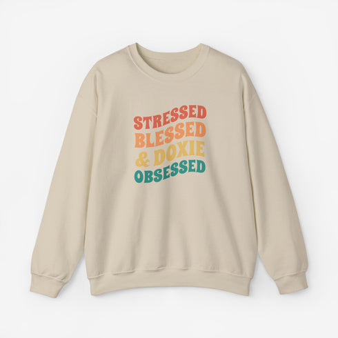 Dachshund Sweatshirt for Women - Stressed Blessed & Doxie Obsessed - Dachshund Crew Sweatshirt
