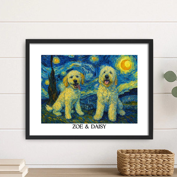 Custom pet portrait van gogh painting style HORIZONTAL 11X14 BLACK