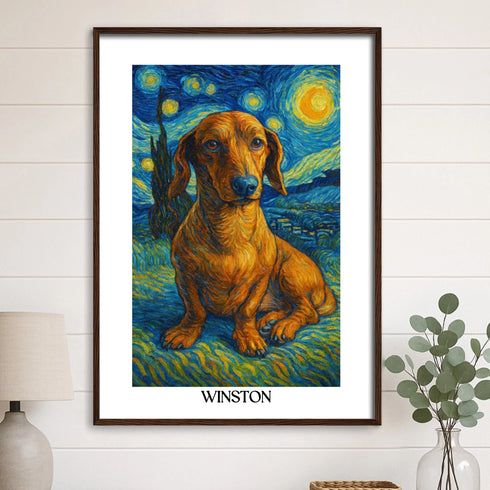 Custom pet portrait van gogh painting style 20x28 dark wood