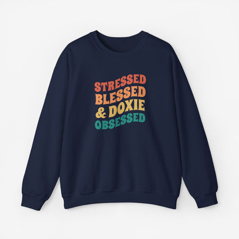 Dachshund Sweatshirt for Women - Stressed Blessed & Doxie Obsessed - Dachshund Crew Sweatshirt
