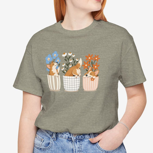 corgi t shirt for women. Color sandstone