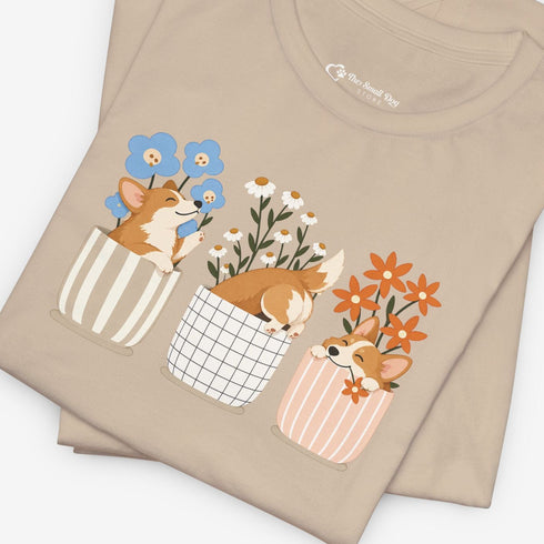 corgi t shirt for women. Color tan