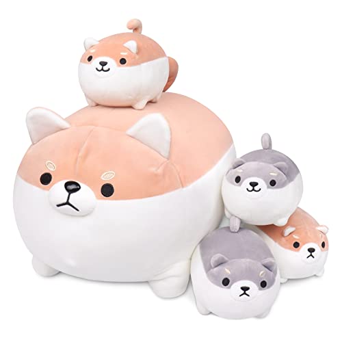 Auspicious beginning Shiba Inu Stuffed Animal Dog Family Cute Corgi Plush Pillow Toy Anime Kawaii Plush Soft Squishy Pillow,Dog Mommy 15.7" with 4 Puppies 5pc Plushies Plush Toy Gifts for Boys Girls