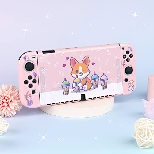 BelugaDesign Corgi Boba OLED Bundle | Carry Case Soft Cover Thumb Grips Kit | Cute Anime Bubble Tea Kawaii Dog Pink Pastel Travel Accessories for Girls Women | Compatible with Nintendo Switch OLED