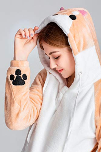 CORIRESHA Cute Coral Velvet Long Sleeve Shiba Inu Dog Home Wear Clothes Hoodie Sweatshirt with 3D Dog Ear and Dog Tail Large White