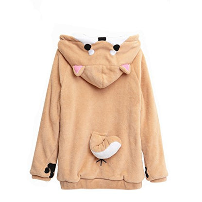 CORIRESHA Cute Coral Velvet Long Sleeve Shiba Inu Dog Home Wear Clothes Hoodie Sweatshirt with 3D Dog Ear and Dog Tail Large White