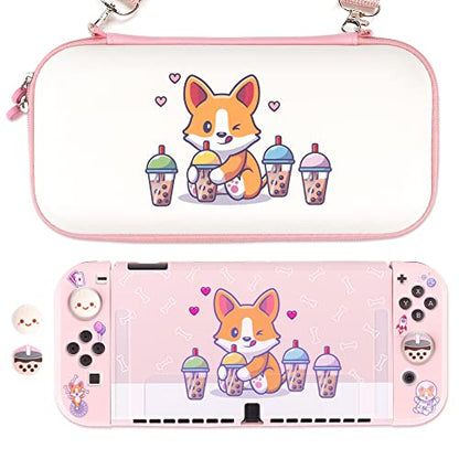 BelugaDesign Corgi Boba OLED Bundle | Carry Case Soft Cover Thumb Grips Kit | Cute Anime Bubble Tea Kawaii Dog Pink Pastel Travel Accessories for Girls Women | Compatible with Nintendo Switch OLED
