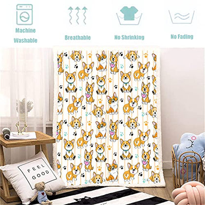 Cute Corgi Dog Blanket for Boys Girls Cartoon Pets Throw Blankets Kawaii Orange Pembroke Welsh Corgis Super Soft Sherpa Throw Blankets for Couch and Bed Gifts for Corgi Lovers (Yellow，(59 x 79 in))