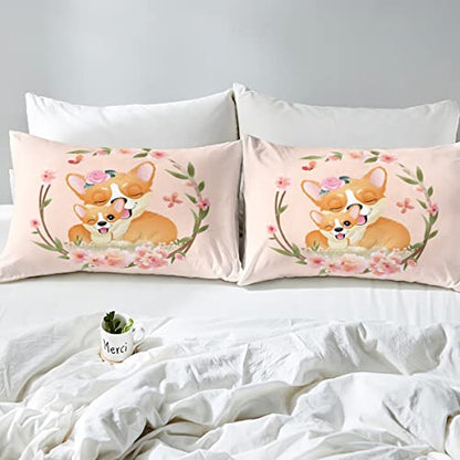 Erosebridal Kawaii Corgi Dog Bedding Sets Twin for Kids Girls Chic Floral Comforter Cover, Cartoon Animals Bed Set Boys Pink Flower Duvet Cover, Cute Pet Quilt Cover with 1 Pillowcase Cozy 2pcs
